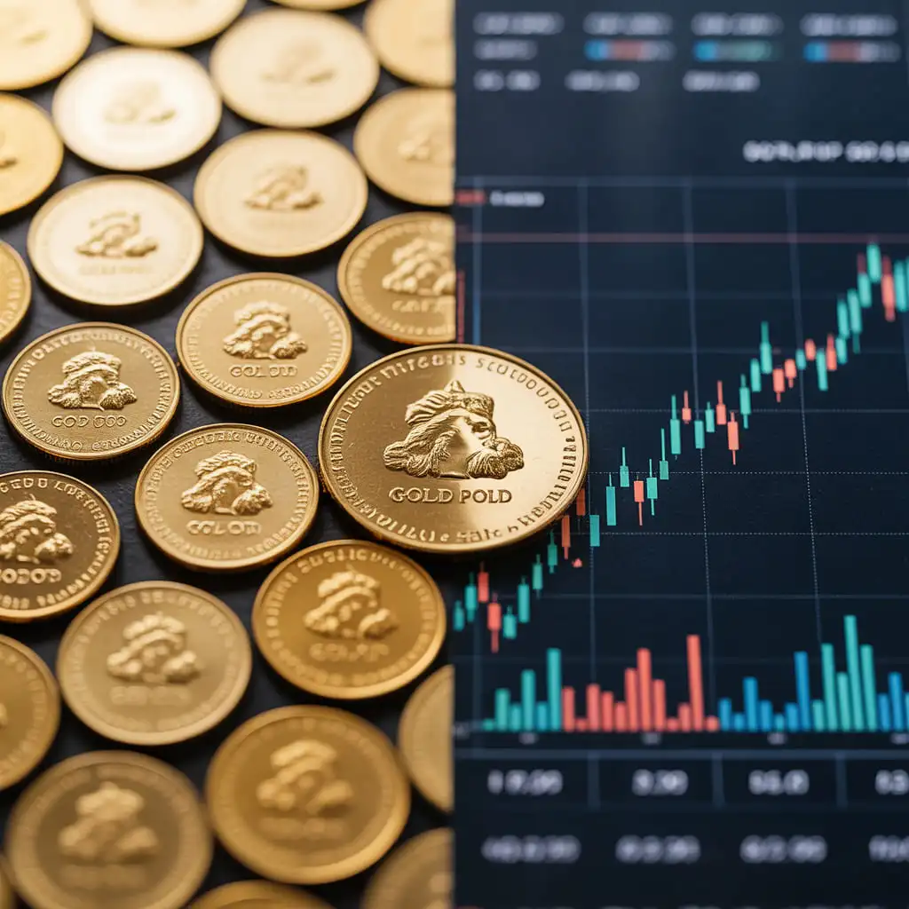 Gold coins next to a live gold spot price chart showing current gold market value