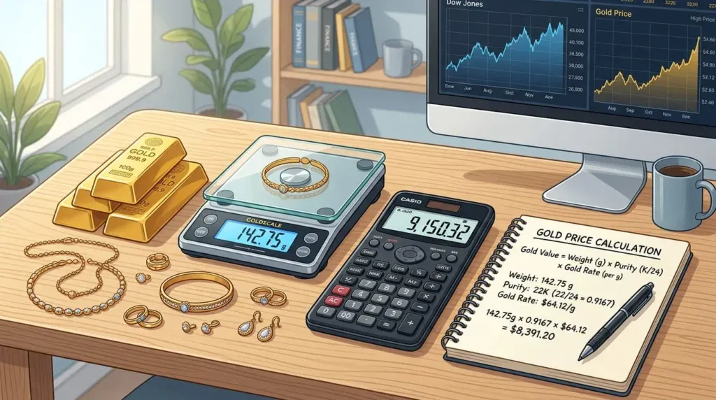 Gold jewelry and gold coins used to calculate gold price
