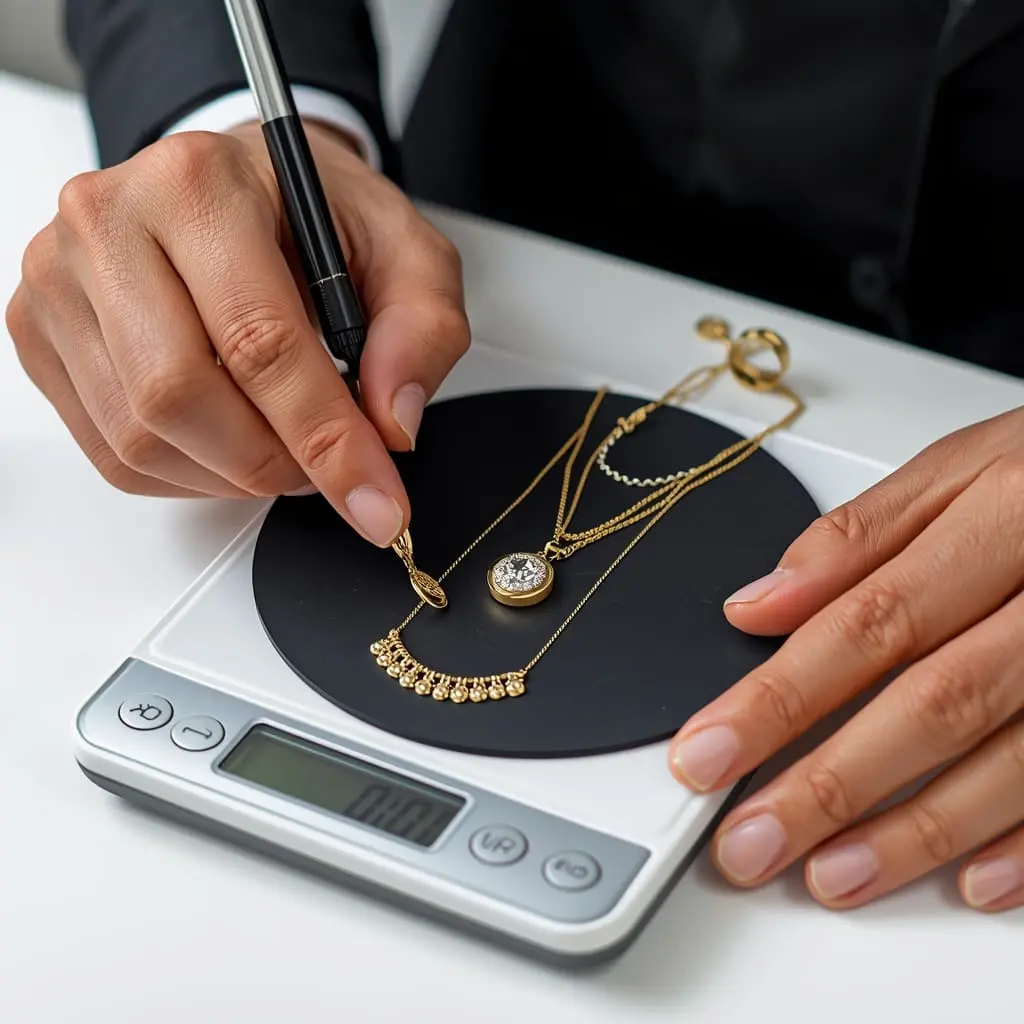 goldsmith weighing gold jewelry on digital scale at best place to sell gold