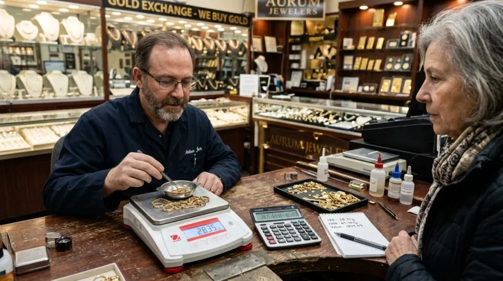 Goldsmith testing gold purity to calculate gold price
