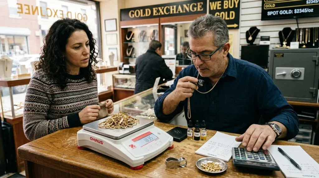 Goldsmith weighing gold jewelry on digital scale to calculate gold price