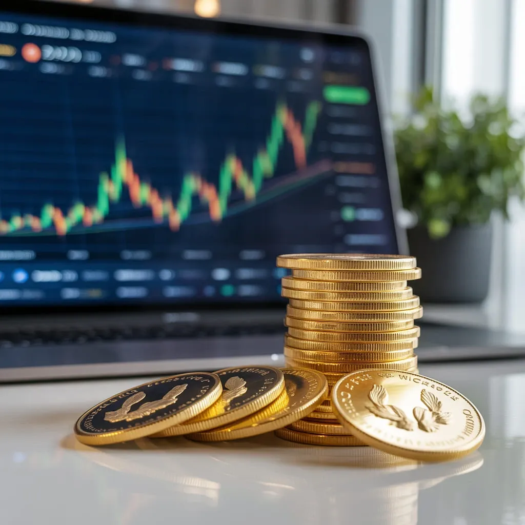 Stack of Krugerrand gold coins with gold price chart illustrating krugerrand gold coin value changes