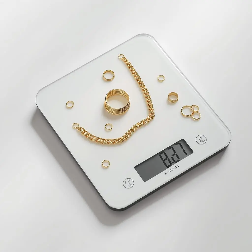 sell scrap gold - digital gram scale weighing gold rings and chains to calculate scrap gold value