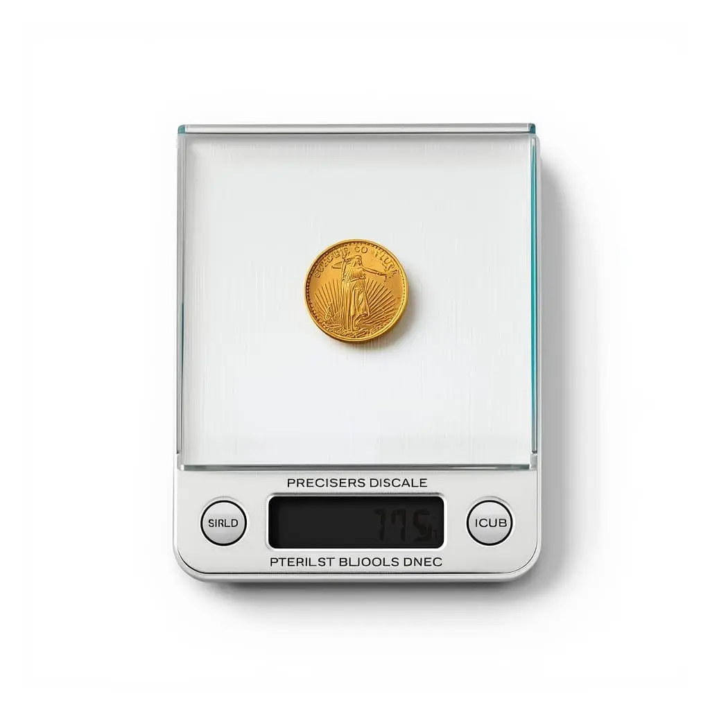 Digital jeweler's scale weighing a gold coin in troy ounces for melt value calculation
