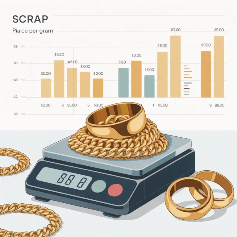 Clean illustration showing scrap gold jewelry pieces placed on a digital scale with price per gram chart in the background, gold chains and rings on a table, minimal financial infographic style, white background with gold themed colors