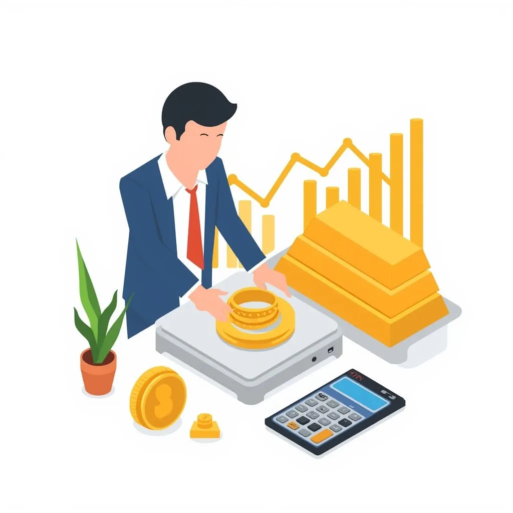 Gold buyer calculating gold value using scale and calculator