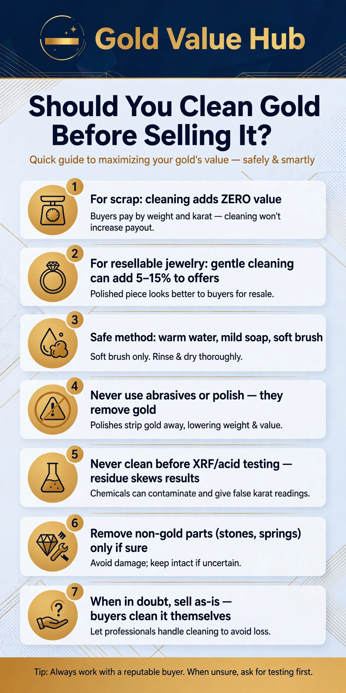 Should you clean gold before selling — when cleaning helps and when it hurts, infographic by Gold Value Hub