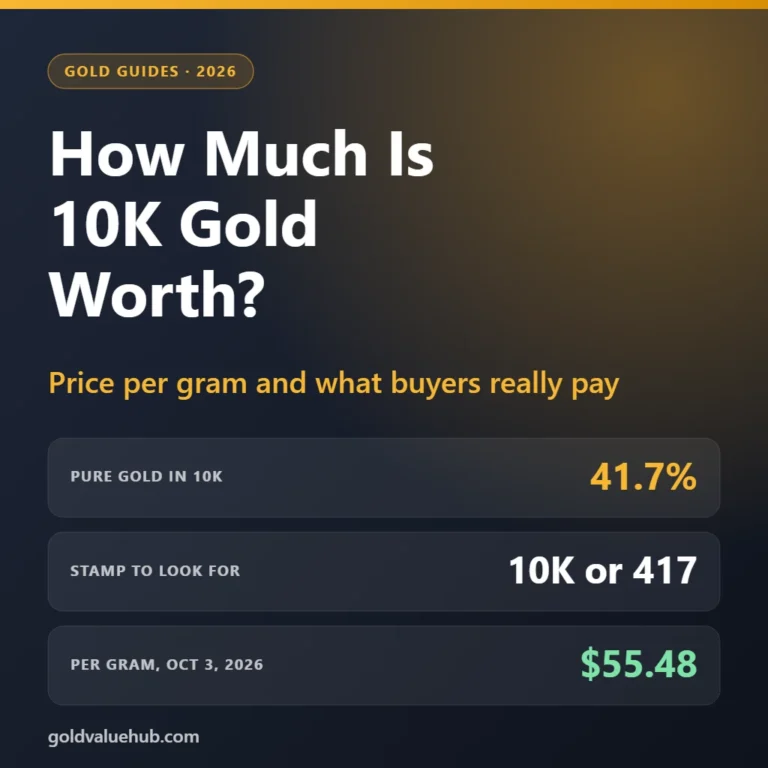 How much is 10K gold worth: 41.7 percent pure gold, stamped 10K or 417, 55.48 dollars per gram on October 3, 2026