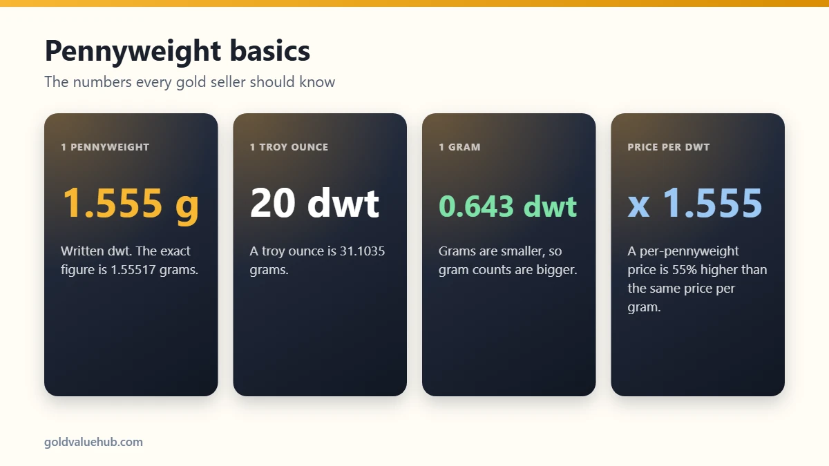 Pennyweight to grams conversion facts: 1 dwt is 1.555 grams, 20 dwt is one troy ounce, 1 gram is 0.643 dwt