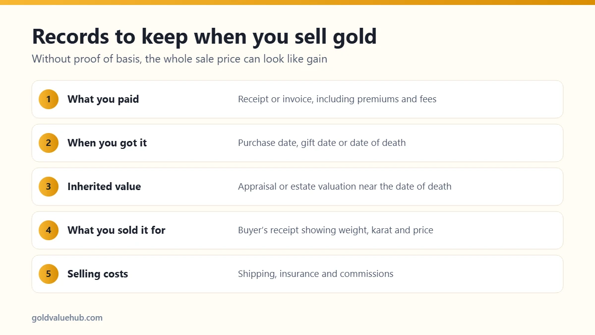 Records to keep for taxes on selling gold: purchase receipt, date-of-death value, sale receipt, dates